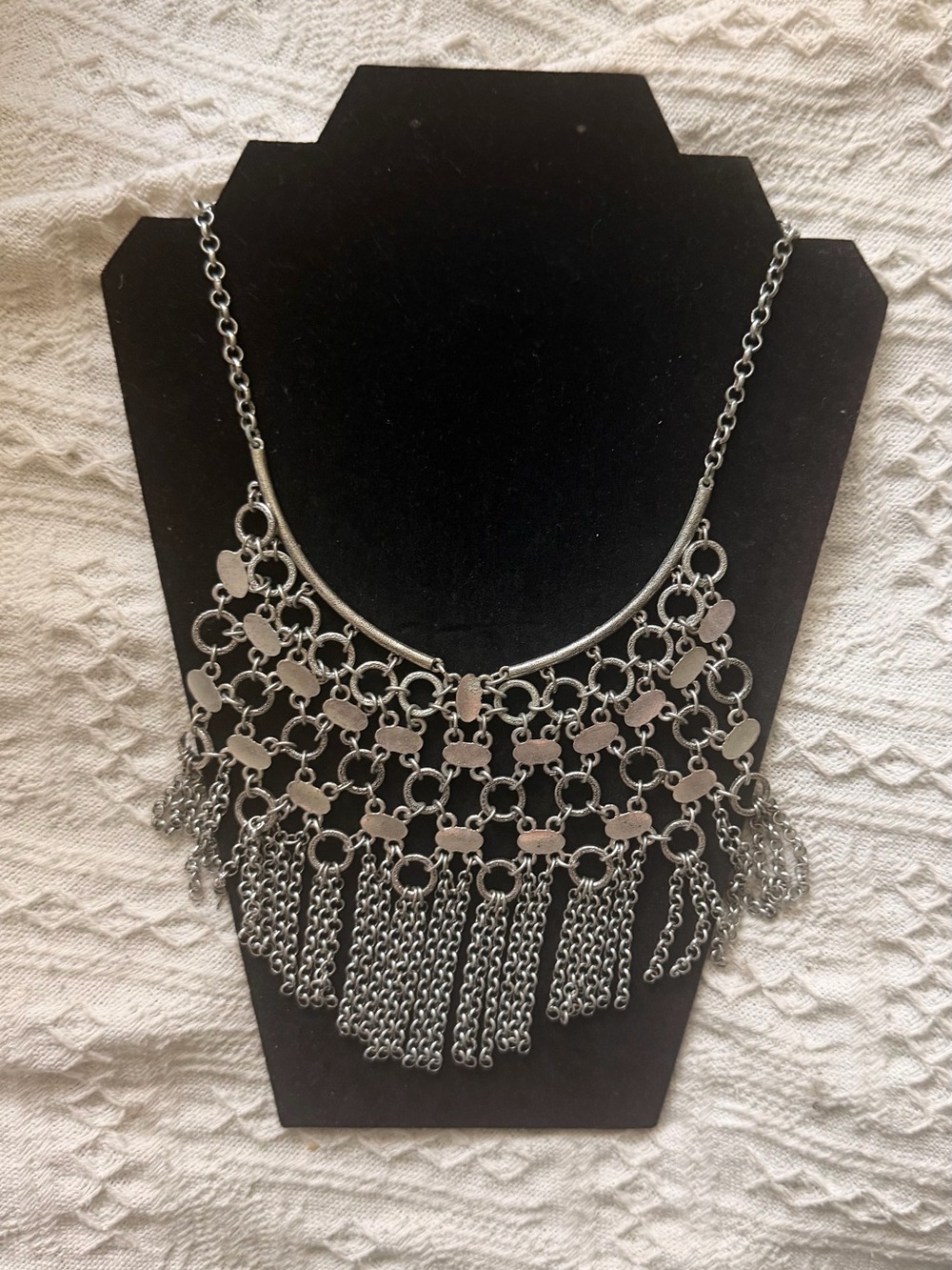 Silver Statement Fringe Bib Necklace - Unbranded
